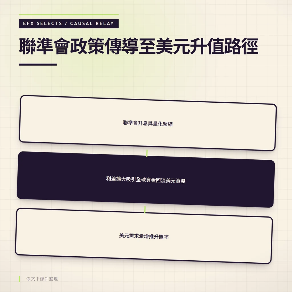三圓因果鏈展示聯準會緊縮如何經由利差機制傳導至<a href=