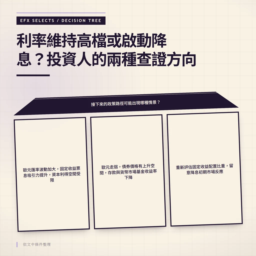梯形根節點分流三路,展示利率維持或降息下的投資情景分支