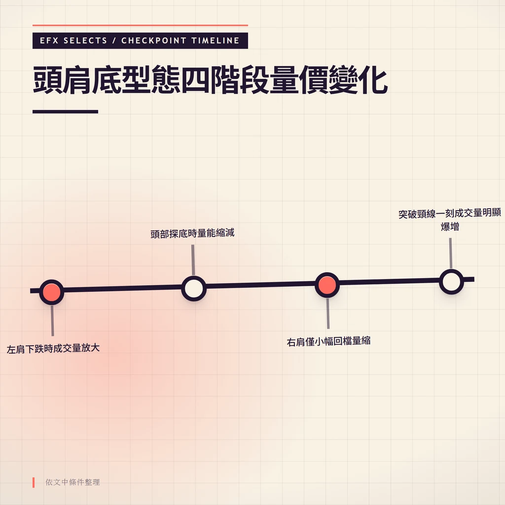 頭肩底型態四階段進程：左肩、頭部、右肩到突破頸線
