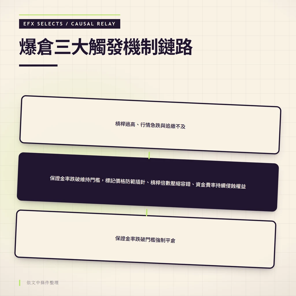 三圓節點串聯：高槓桿與急跌為因、保證金率跌破門檻為機制、系統以破產價強平為果
