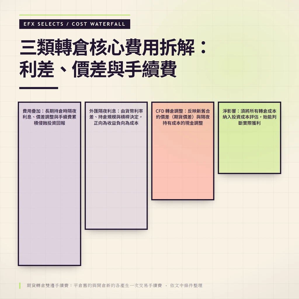 四段遞減垂直費用柱展示外匯利差、CFD 價差調整、期貨雙邊手續費與長期累積淨影響