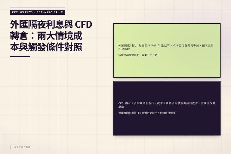 左右雙圓頂對照外匯隔夜利息與 CFD 轉倉的觸發時間、成本來源與主要風險