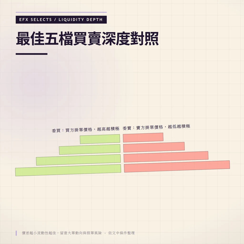 鏡像雙欄顯示委買五檔與委賣五檔掛單量,中間價差區域標示流動性指標