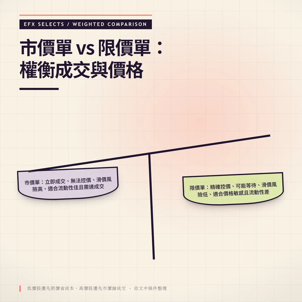 傾斜天平左盤市價單標示速度優先右盤限價單標示價格優先,決策規則懸於樑上