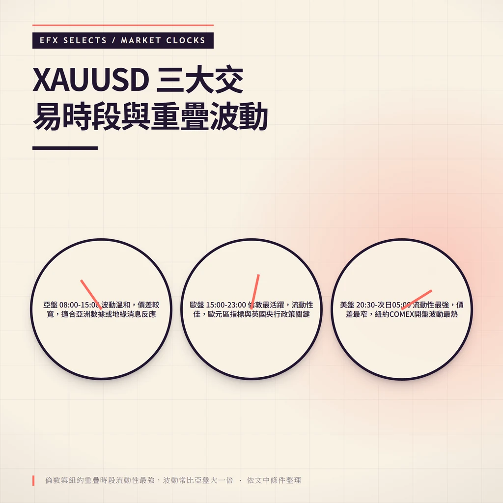 XAUUSD黃金交易三大時段並列市場鐘結構圖