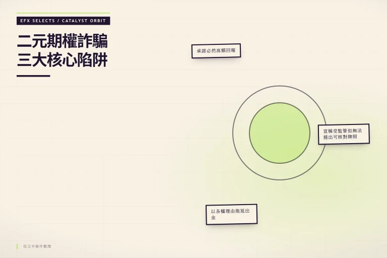 三顆偏心衛星分別標示高回報誘餌、無法核對牌照、拖延出金三大陷阱，雙層軌道顯示風險傳導路徑