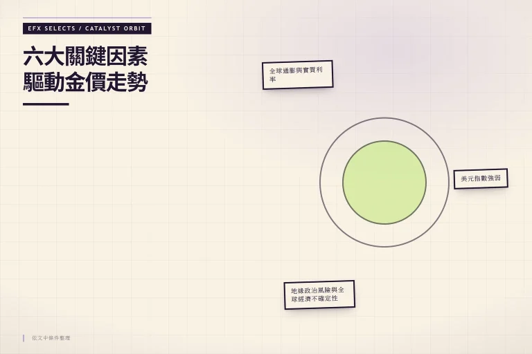 偏心三衛星雙層軌道圖，展示通膨實質利率、美元指數、地緣風險三大催化劑對金價的傳導路徑