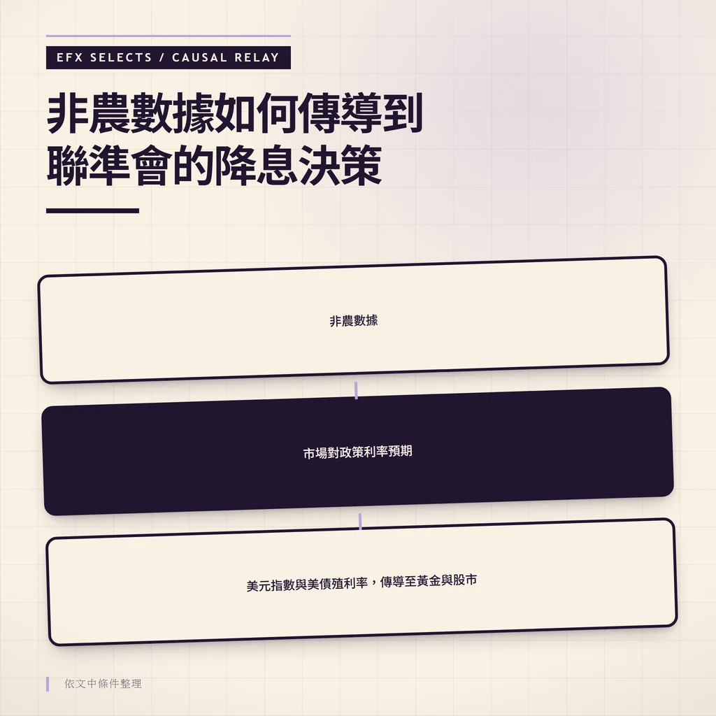 三圓因果中繼站以非農數據、市場對政策利率預期與美元指數、美債殖利率、黃金股市串起降息傳導
