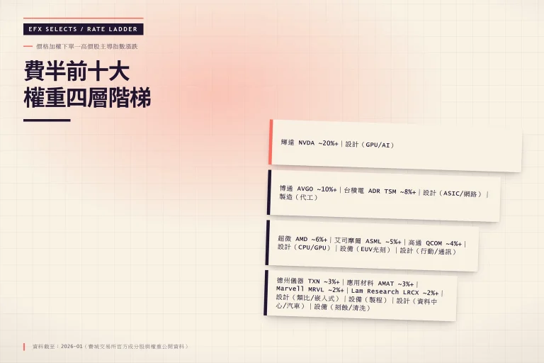 費半前十大權重四層階梯：價格加權下單一高價股主導指數漲跌、輝達 NVDA ~20%+｜設計（GPU/AI）