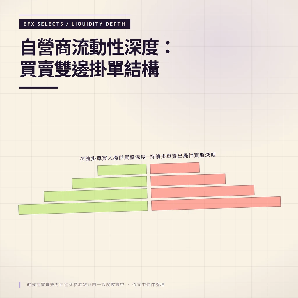 鏡像雙欄顯示自營商買方與賣方掛單深度，中間標註避險與方向性交易混雜風險
