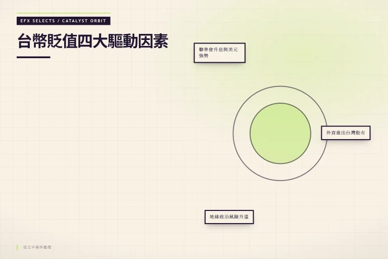 三顆衛星代表聯準會升息、外資流向、地緣風險三大驅動因素環繞台幣匯率軌道