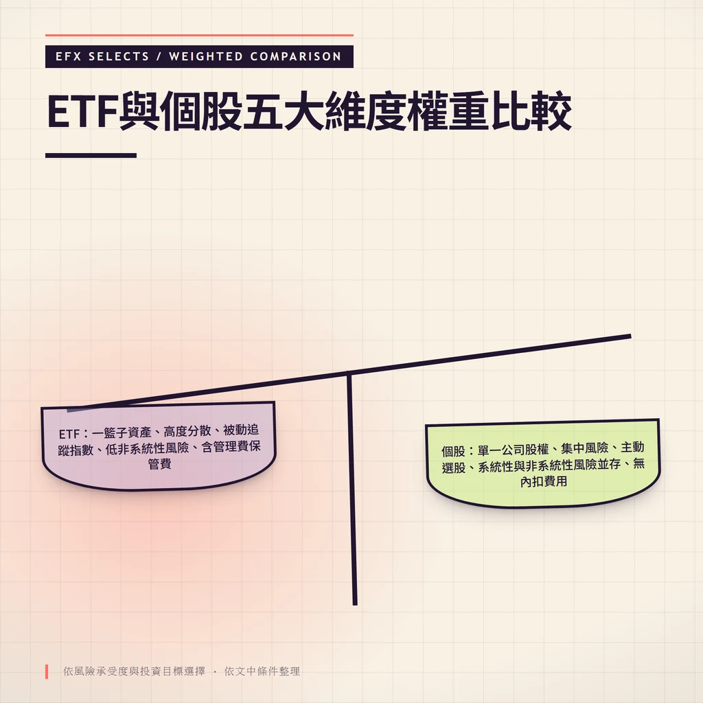 傾斜梁雙盤比較ETF與個股在投資標的、分散性、策略、風險與費用結構的權重差異