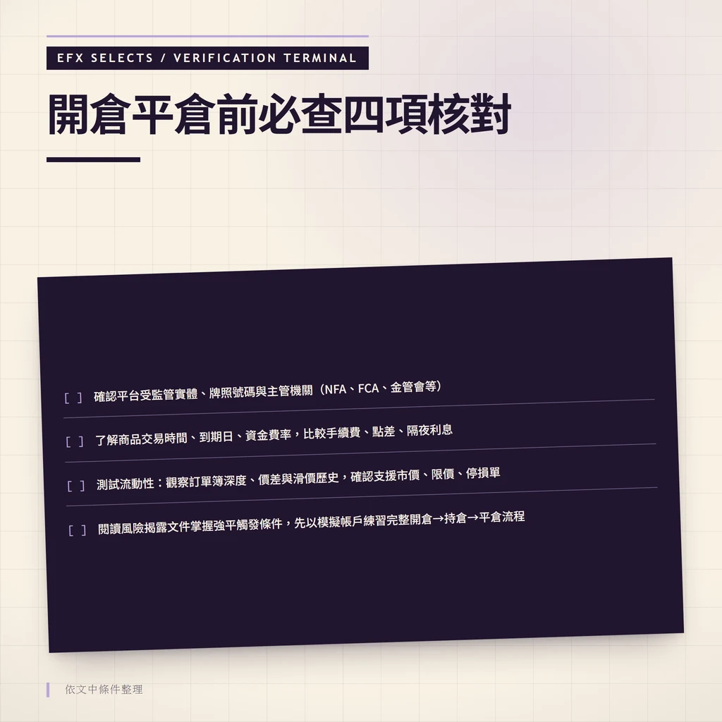 深色終端四行核對清單:監管資質、商品規則、流動性與風險揭露
