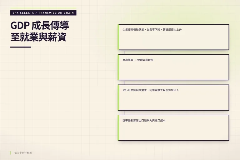 GDP 成長透過就業薪資利率匯率四階傳導影響生活
